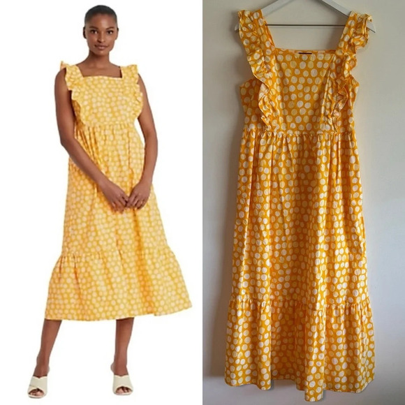 Who What Wear Dresses & Skirts - Who What Wear Ruffle Sleeveless Yellow Polka Dots Tiered Midi Dress small